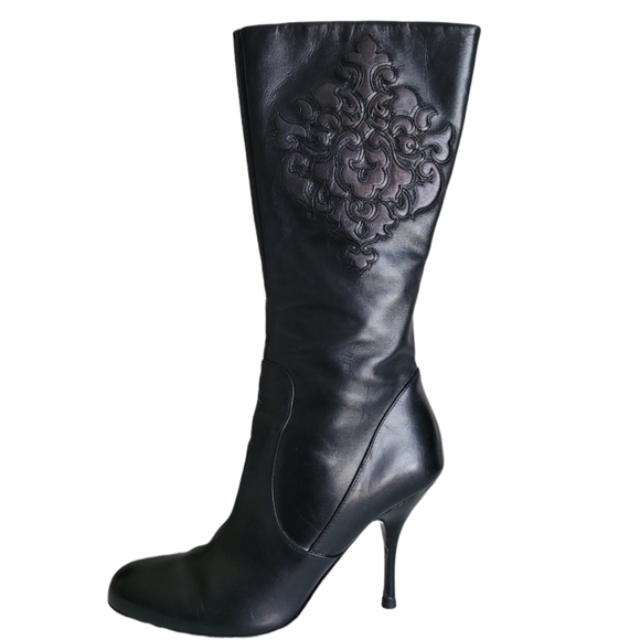 ISABELLE Fiore Black Leather Boots high heel hand tooled - Picture 4 of 15